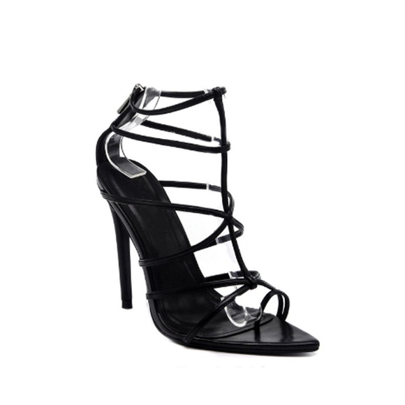 Black Strappy Caged Heels - Picture 2 of 5